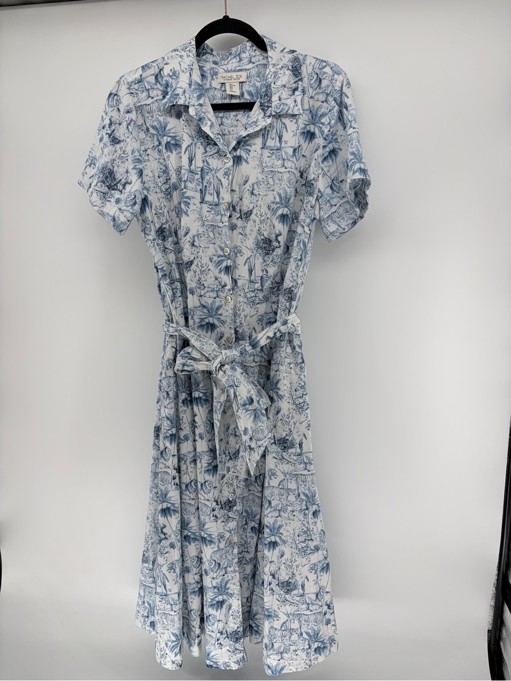 Rachel Zoe Linen Blend Safari AOP Toile Button Up Short Sleeve Blue/Cream L